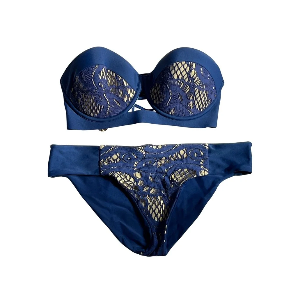 Luli Fama Wanted and Wild Lacey Underwire Bikini Set Royal Blue Gold Medium